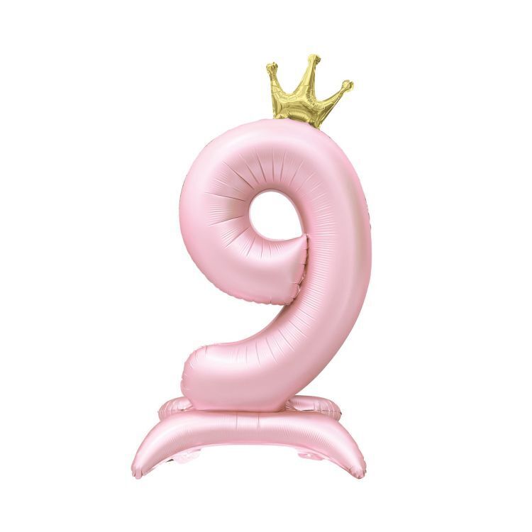 Balónek fóliový Stojící číslo 9 s korunkou světle růžové 82 cm
