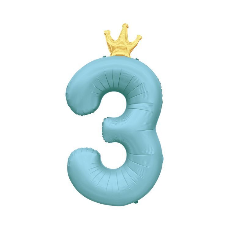 Balónek fóliový 82 cm světle modrý s korunkou číslo 3