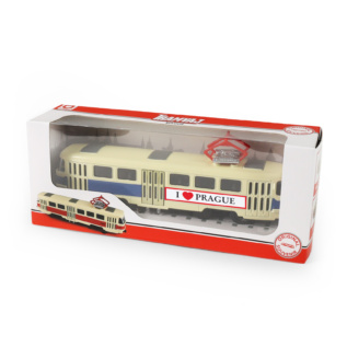 Kovová česká retro tramvaj modrá 16 cm PRAGUE otevírací dveře