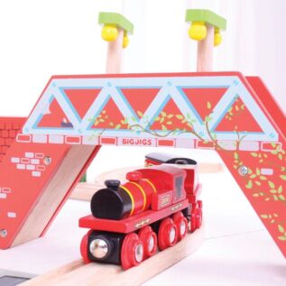Bigjigs Rail Červená lokomotiva s tendrem + 3 koleje