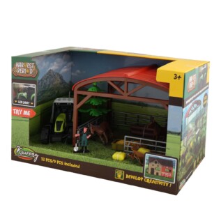 Traktor se zvukem a světlem s ohradou pro koně a příslušenstvím