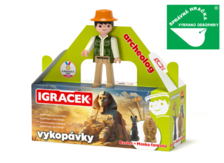 Igráček Archeolog - figurka s egyptskými vykopávkami masky faraona a sošky bohyně Bastet