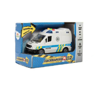 Auto policie plastové 15 cm na setrvačník na baterie se zvukem se světlem v krabici