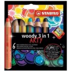 Pastelky STABILO Woody 3in1, sada 6 ks v pouzdru s ořezávátkem ARTY