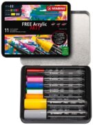 Akrylový popisovač STABILO FREE Acrylic - startovací sada 11 ks se 3 různými hroty - mix barev